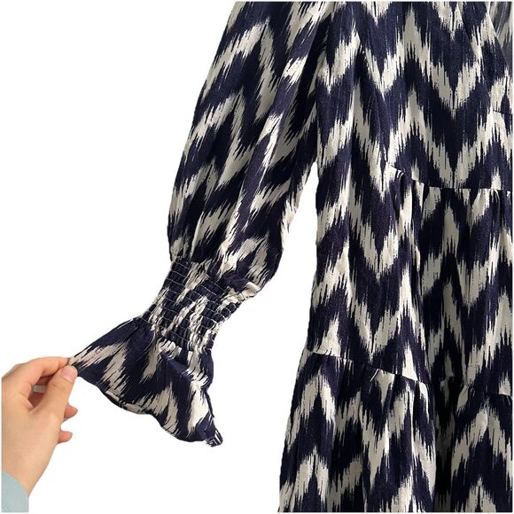 Pomander Place Navy Ikat Kenzo Dress XS/S Chevron Blue & White Tiered Tuckernuck - Picture 3 of 7